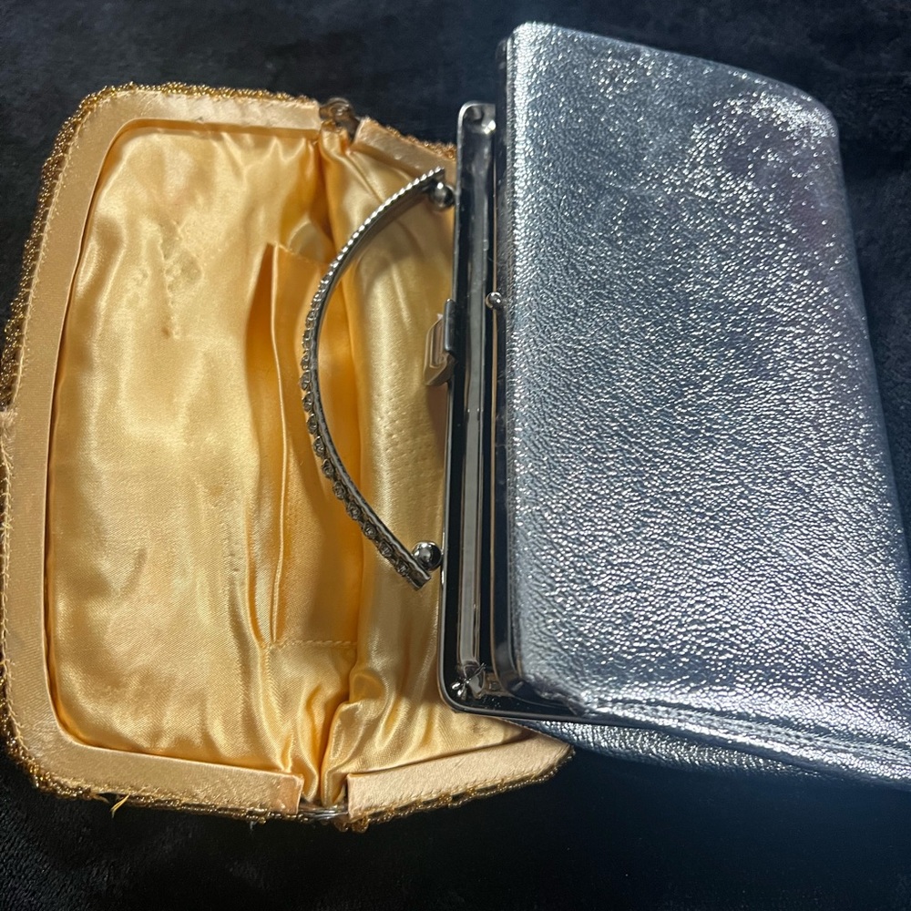 Silver Metallic Evening Clutch with Gold Satin Interior